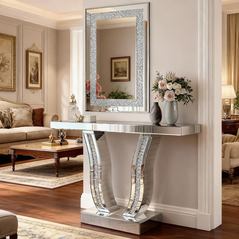 GDFStudio - Crystal Crush Diamond Rectangular Silver Wall Mirror - 36 x 24 Inch