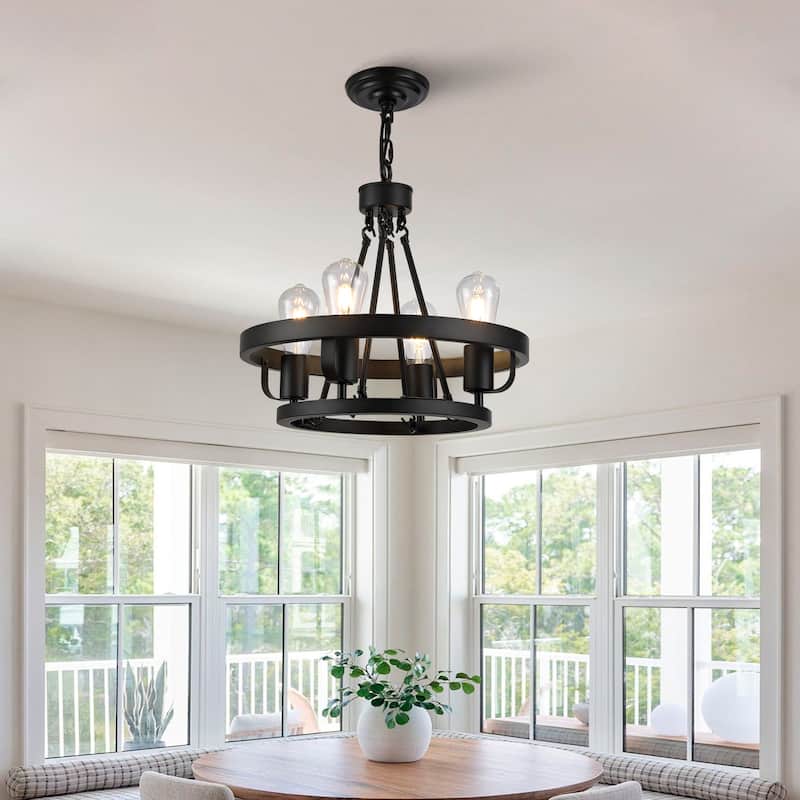 Four-Light Plug-In Pendant Lamp, Carriage Wheel Design, Circular Metal Pendant With 39.5-Foot Chain, For Bedrooms Dining Rooms