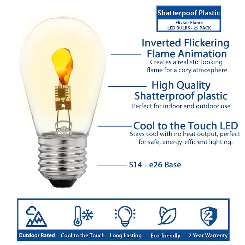 25 Pack LED S14 Outdoor Patio Edison Replacement Bulbs, Flicker Flame, E26 Base - Warm White