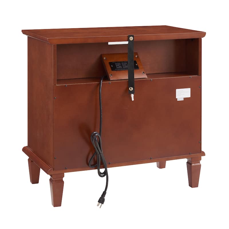 Farmhouse Nightstand with 2 Drawers and Charging Station, Solid Wood Legs, USB Ports & Open Shelf, Fluted Design End Table