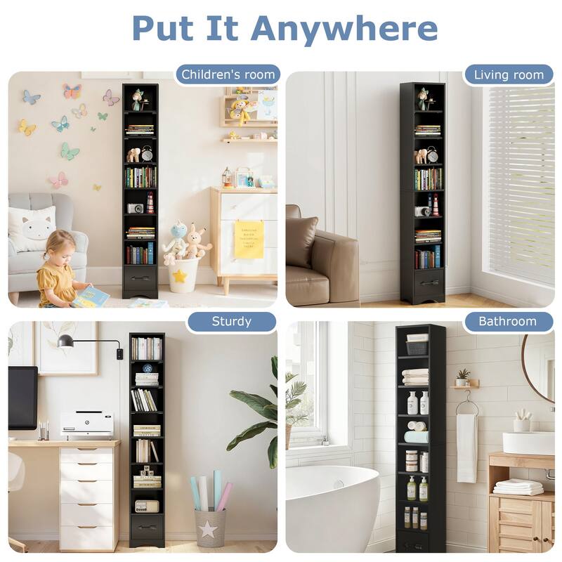 Javlergo Tall 7-Tier Adjustable Corner Bookcase with Drawer MDF Storage Shelf for Living Room Bedroom Kitchen and Entryway