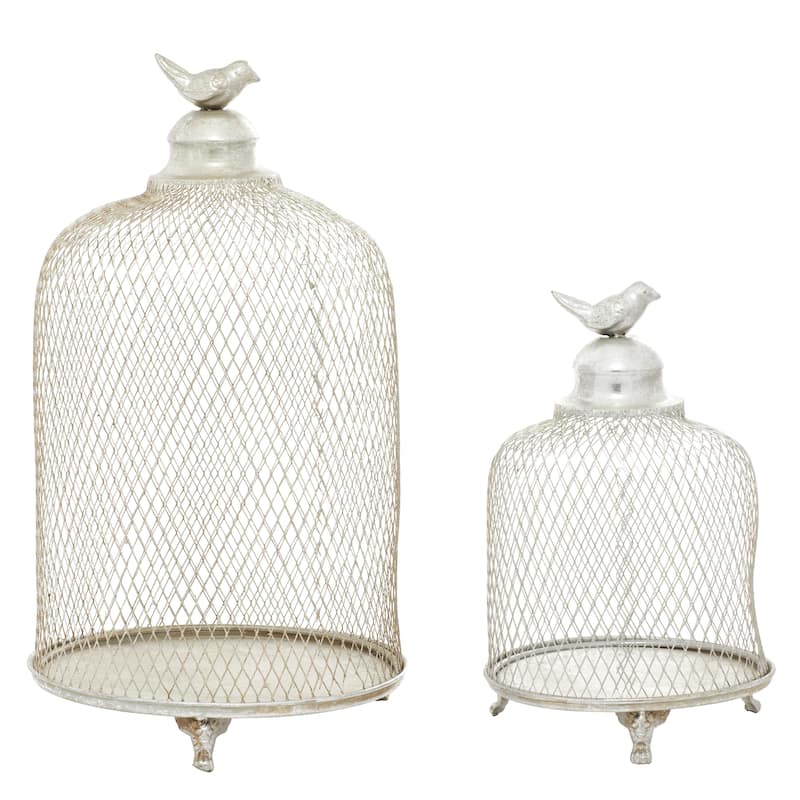 Metal Bird Cage Style Cloche Decorative Candle Lantern with Elevated Stand - Set of 2 Silver - Roche River Decor