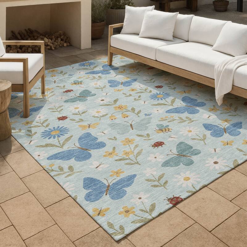 Machine Washable Indoor/ Outdoor Whimsy Butterfly Chantille Rug - Sky - 10' x 14'