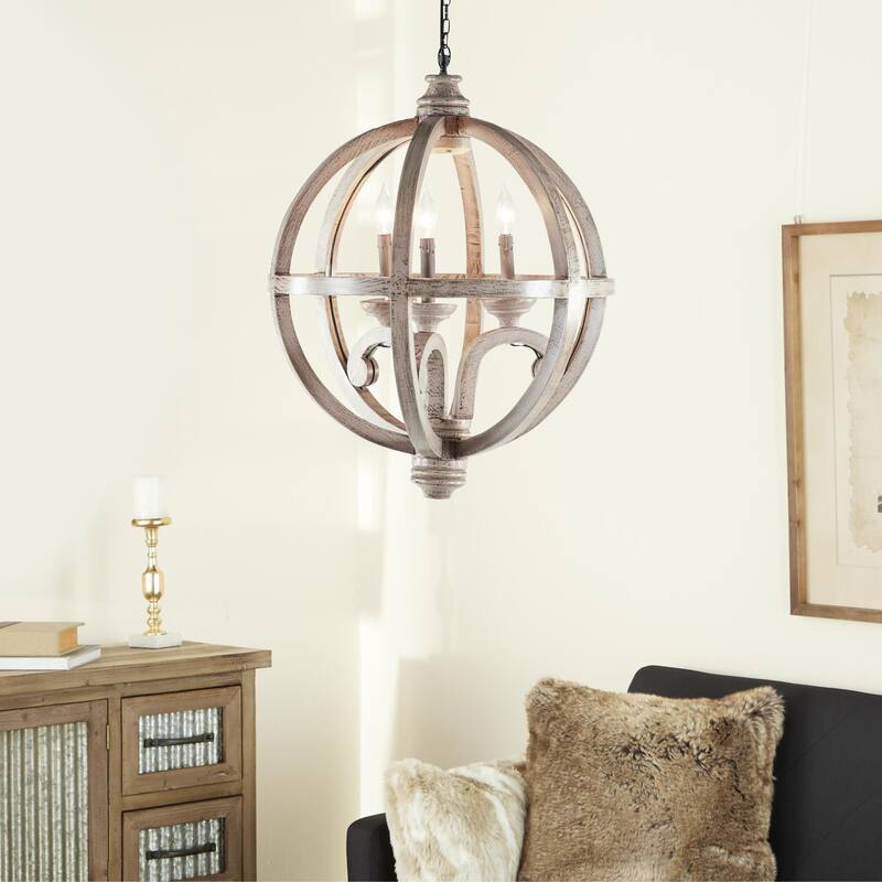 Wood Caged Style 3 Light Chandelier with Link Style Chain - Gold - Roche River Decor - 21"W x 21"L x 28"H