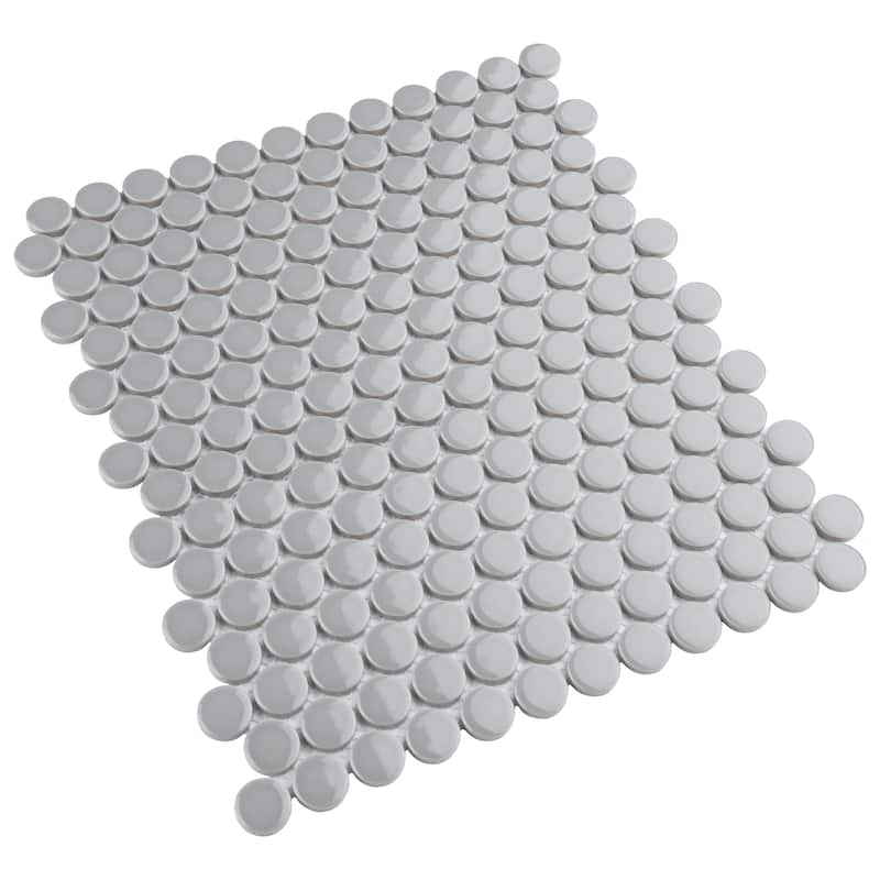 Merola Tile Metro Penny Round Light Grey Glossy 10" x 12" Porcelain Mosaic Floor and Wall Tile