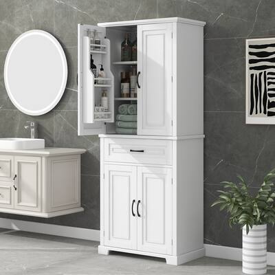 30 in. W x 15.7 in. D x 72 in. H Tall Freestanding Linen Storage Cabinet with Adjustable Shelves, 1 Drawer and Storage Rack