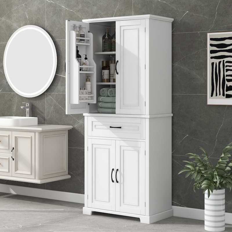 Tall Bathroom Storage Cabinet, Freestanding Storage Cabinet with Drawer and Adjustable Shelf - White