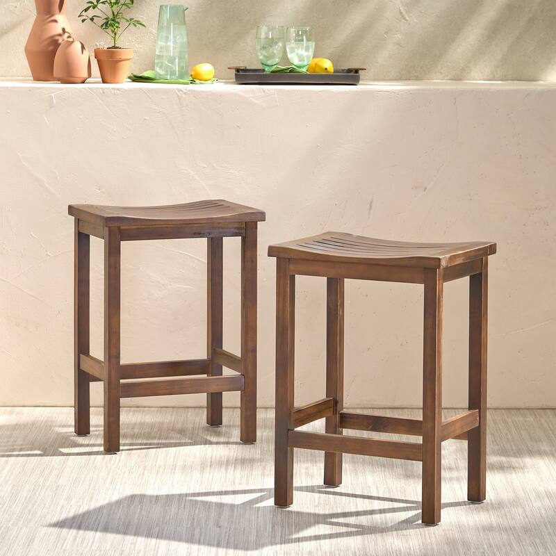 Roomfitters Outdoor Acacia Wood Bar Stool Set of 2, 24'' Counter Height Backless Patio Stools with Curved Seat, Mahogany Brown