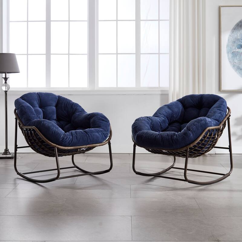 Outdoor Rattan Rocking Chair,Padded Cushion Rocker Recliner Chair Outdoor for Front Porch, Living Room, Patio, Garden, Navy blue