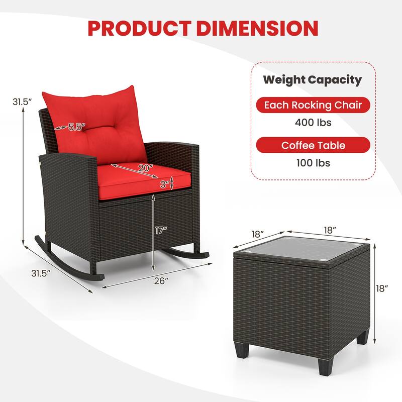 Gymax Set of 3 Wicker Rocking Set w/ Tempered Glass Table Patio