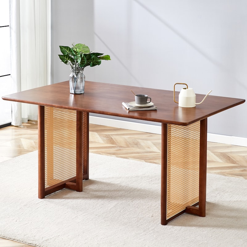 Roomfitters Retro Solid Wood Dining Table with Rattan Style Design for Dining Room Living Room or Office
