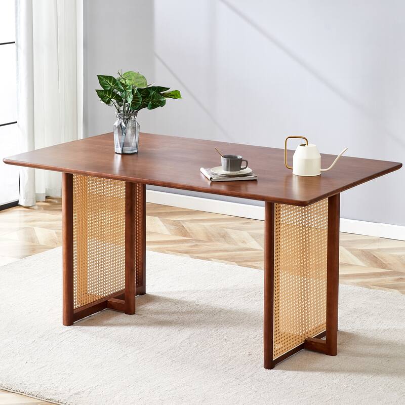 Wood Dining Table Workbench Conference Table with Imitation Rattan Texture Legs and Anti-Slip Feet - Walnut