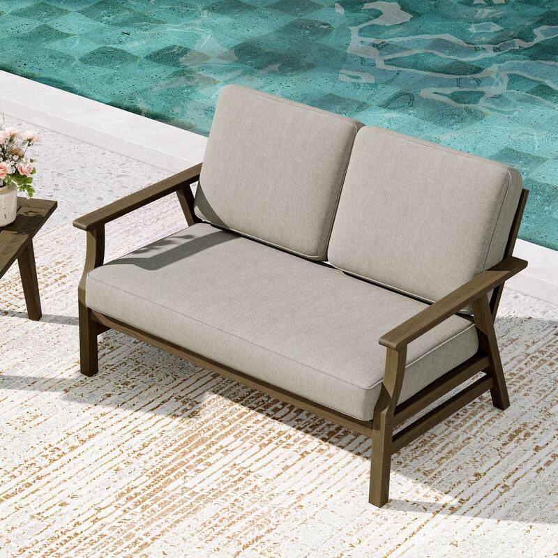 Teak Frame Outdoor Loveseat Daybed with Water-Resistant Cushions. - Light Camel/Loveseat - Brown Wood