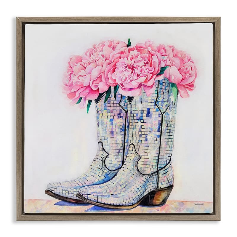 Stupell Floral Shimmering Cowgirl Boot Framed Floater Canvas Wall Art Design By Amanda Greenwood - 18 x 18 - Brown