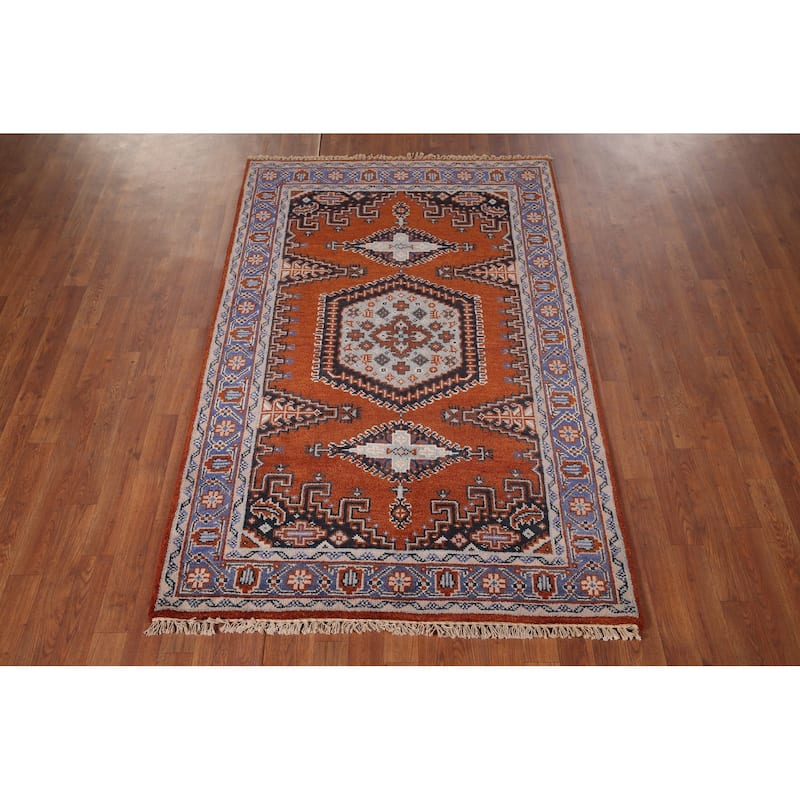 Orange Geometric Viss Indian Area Rug Hand-Knotted Wool Carpet - 4'0"x 6'3"