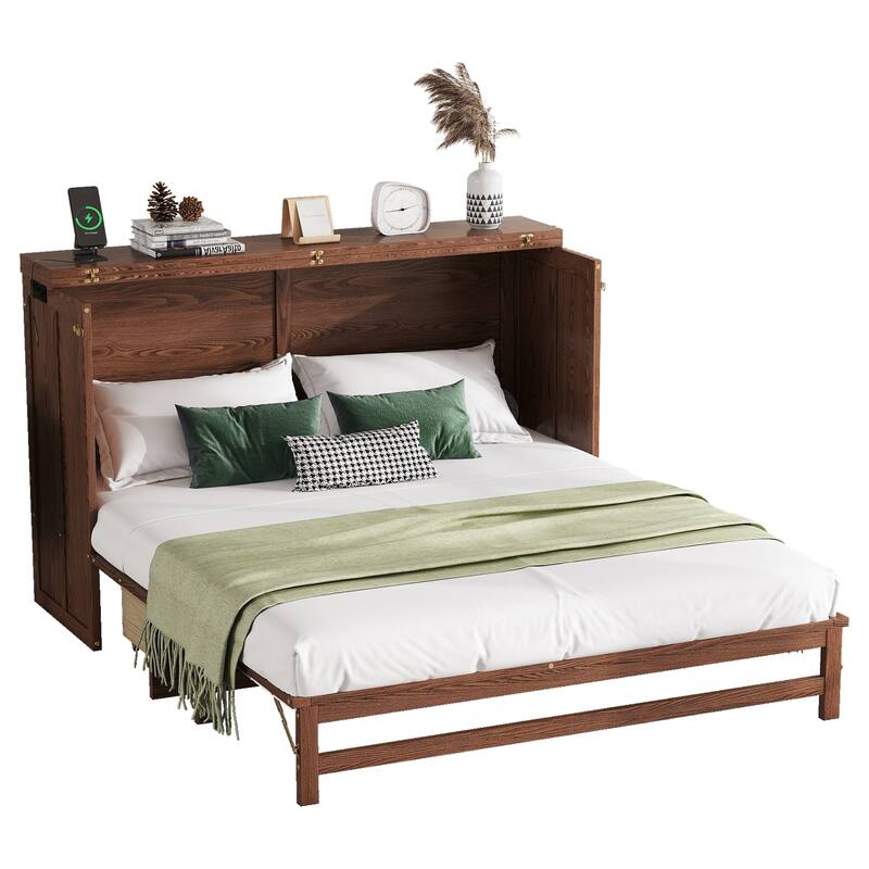 Roomfitters Queen Murphy Bed Cabinet with Storage Compartment, Charging Station with USB, Solid Pine Wall Bed