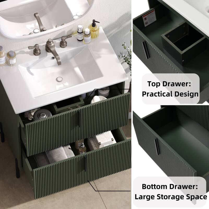 30" Bathroom Vanity with Ceramic Sink and Full-Extension Drawers, Soft Close Undermount Drawer Slides, Fluted Design