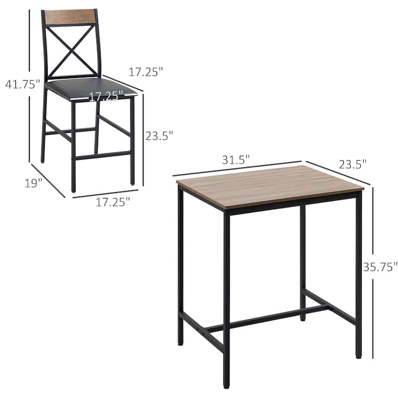 HOMCOM 3 Piece Dining Table Set, Bar Table and Chairs Set with PU Padded Stools and Steel Frame for Kitchen, Small Space, Brown