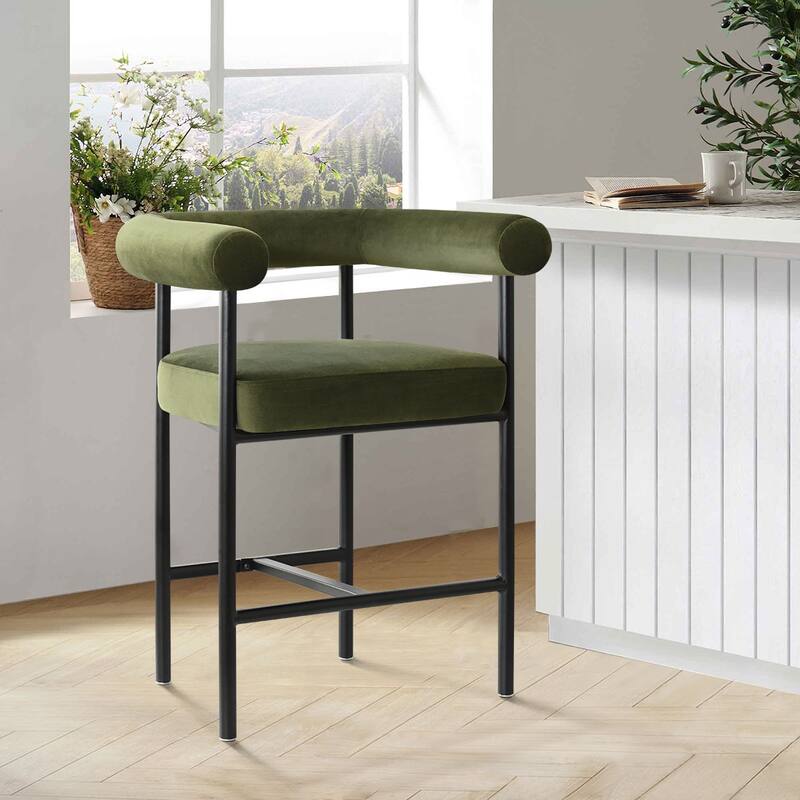 Modern 24" Upholstered Velvet Solid Back Counter Stool with Arms - Green-1-piece - Single