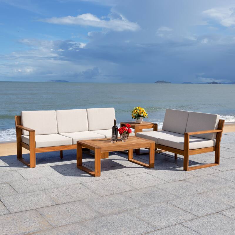 SAFAVIEH Outdoor Undis 4-Piece Outdoor Set - 30W x 28D x 49H - Natural / Light Grey