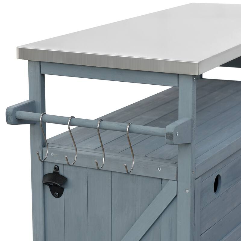 Outdoor Kitchen Island, Rolling Bar Cart & Storage Cabinet, Solid Wood Outdoor Grill Table with Stainless Steel Top