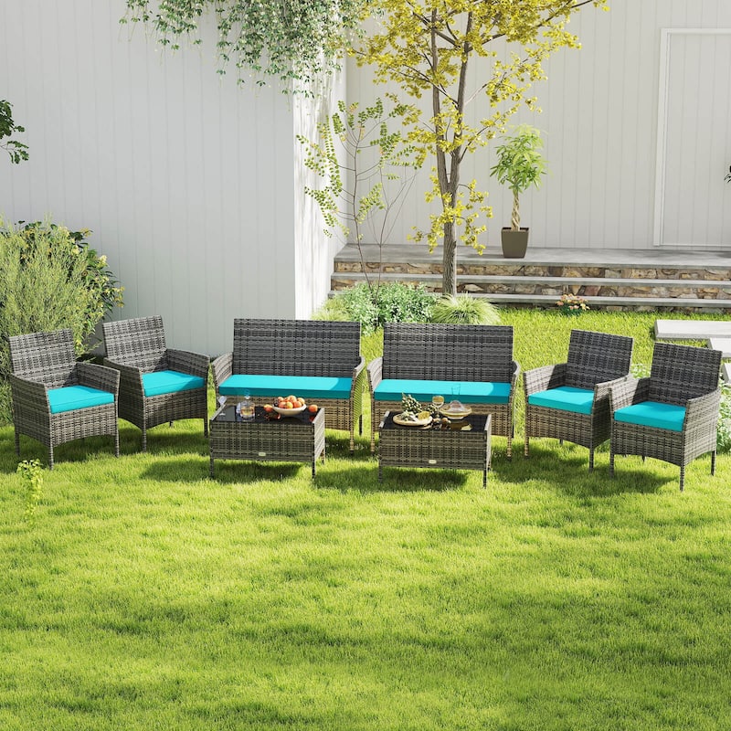 Costway 8 PCS Patio Furniture Set with Washable Cushions and Tempered - 8 PCS - Turquoise
