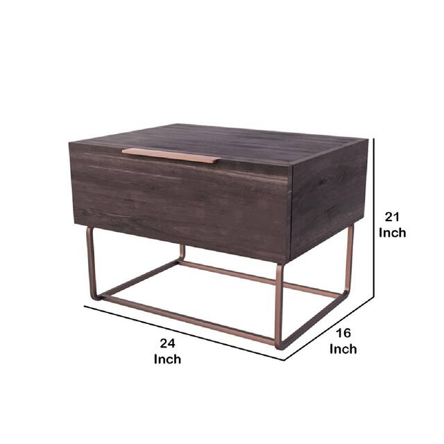 1 Drawer Wooden Nightstand with Rectangular Steel Frame Support, Dark Brown