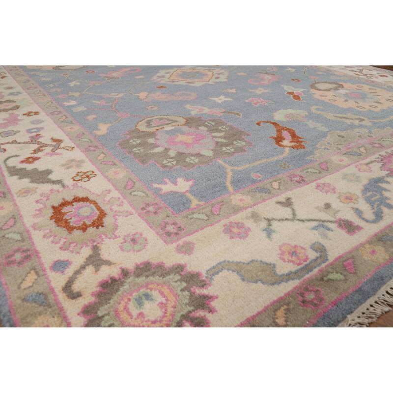 Light Blue Floral Oushak Indian Area Rug Handmade Wool Carpet - 8'0" x 9'10"