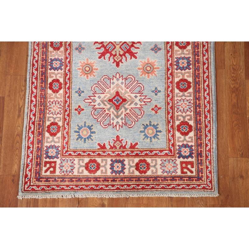 Light Blue Geometric Kazak Runner Rug Hand-Knotted Wool Carpet - 2'8" x 6'6"
