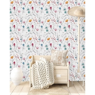 White Wallpaper with Contour of Flowers - Overstock - 35647022