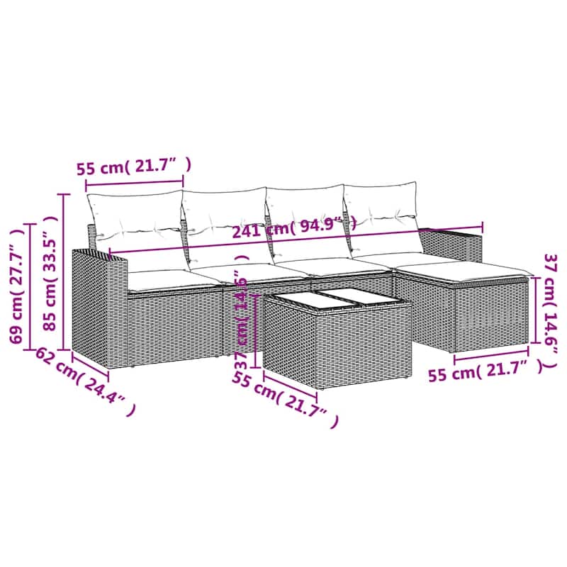 vidaXL Garden Sofa Set Black PE rattan 6 Piece Set Modular - 21.7 x 21.7 x 14.6