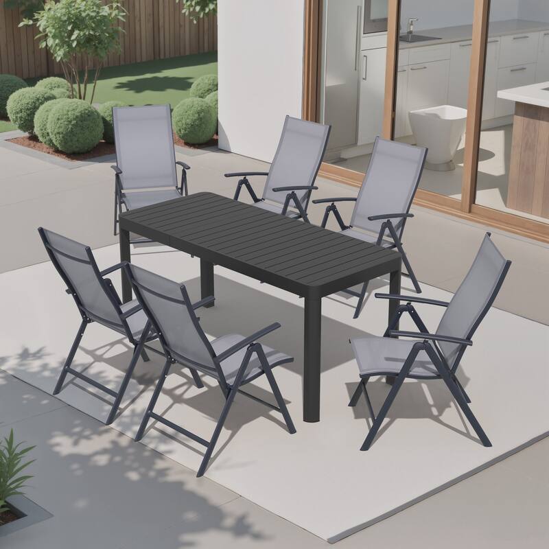 7-Piece Outdoor Patio Dining Set Expandable Rectangular Aluminum Dining Table Folding Chairs - Grey