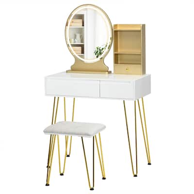 Gymax Vanity Table Set Lighted Mirror Storage Drawer Shelf Cushion