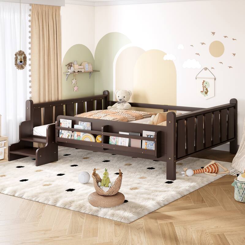 Full/Twin Floor Bed with Storage Bookcases & Cute Stairs - Solid Wood Kids Bed, No Box Spring
