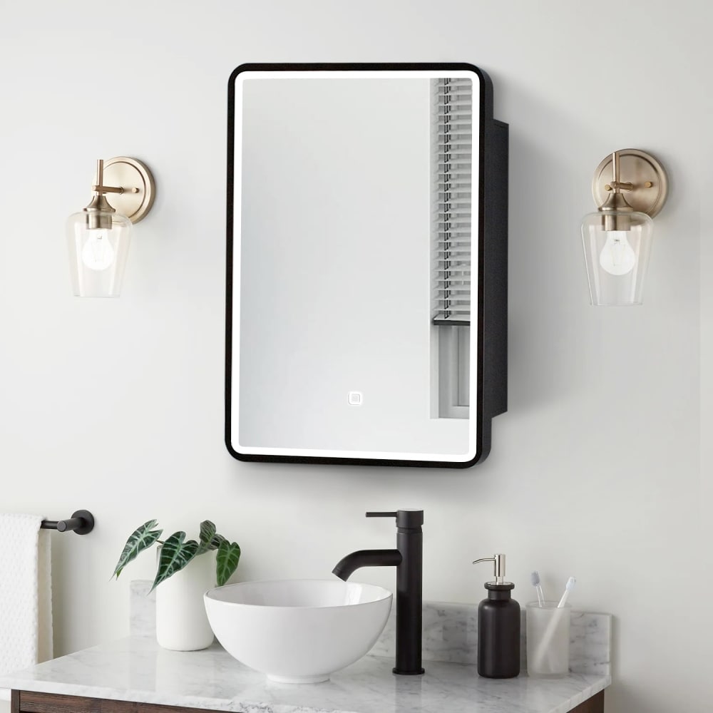 Unbranded 24 in. W x 30 in. H Rectangular Black Framed Iron Medicine Cabinet with Mirror Anti-fog Function and 3 Colors Light