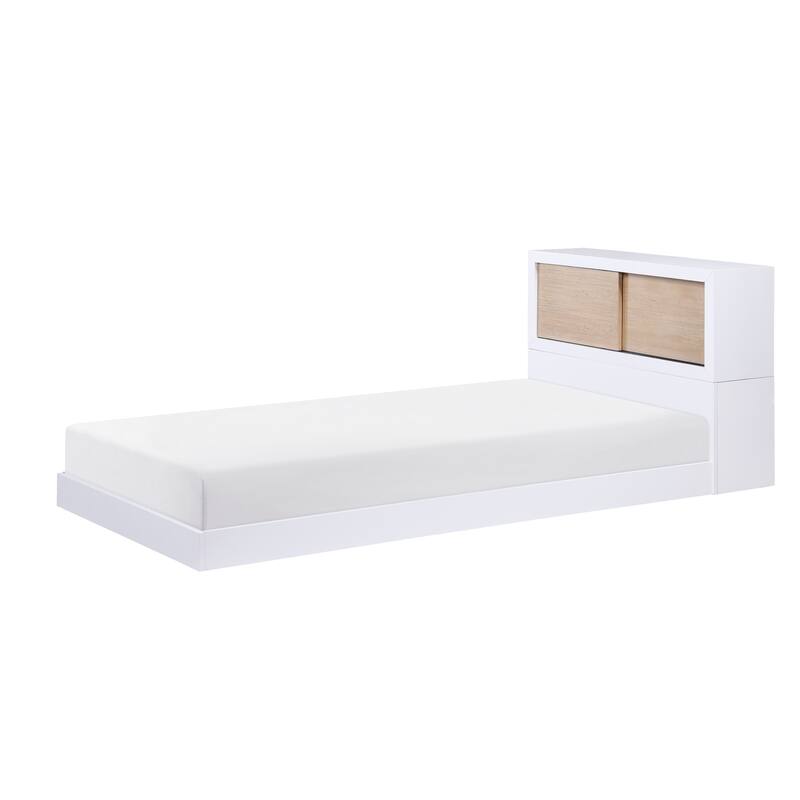 White Twin Bed with Bookcase Headboard, Low Profile Platform, USB Ports, No Mattress Included