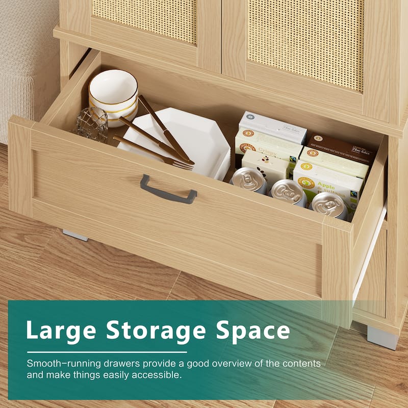 Rattan Door Pantry Storage Cabinet with Wine Rack - Freestanding Storage Organizer with Anti-Tip