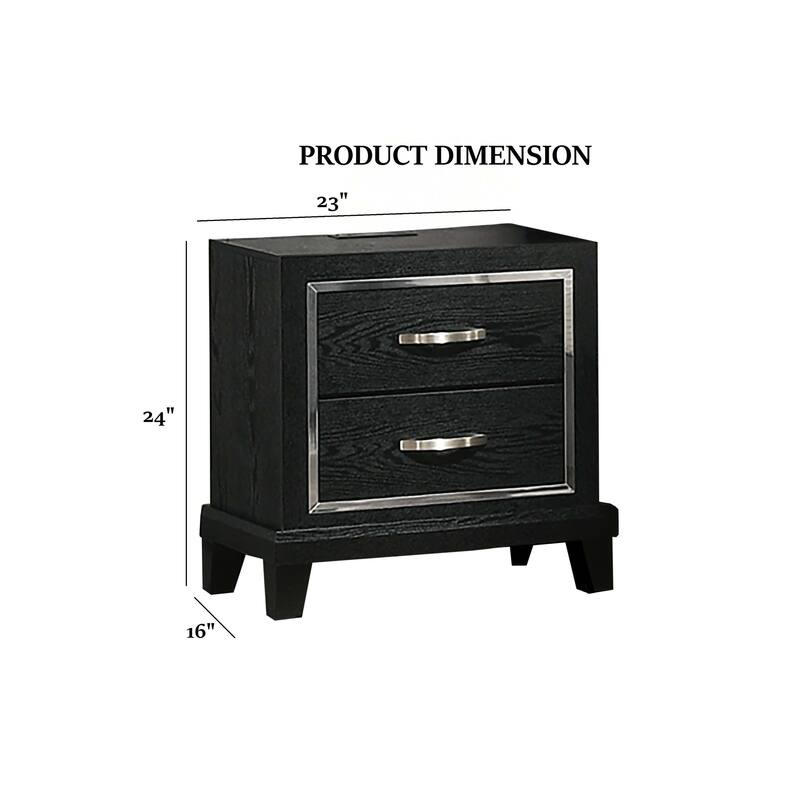 Contemporary Nightstand with USB Port - Black Finish, Chrome Handles & Tapered Legs