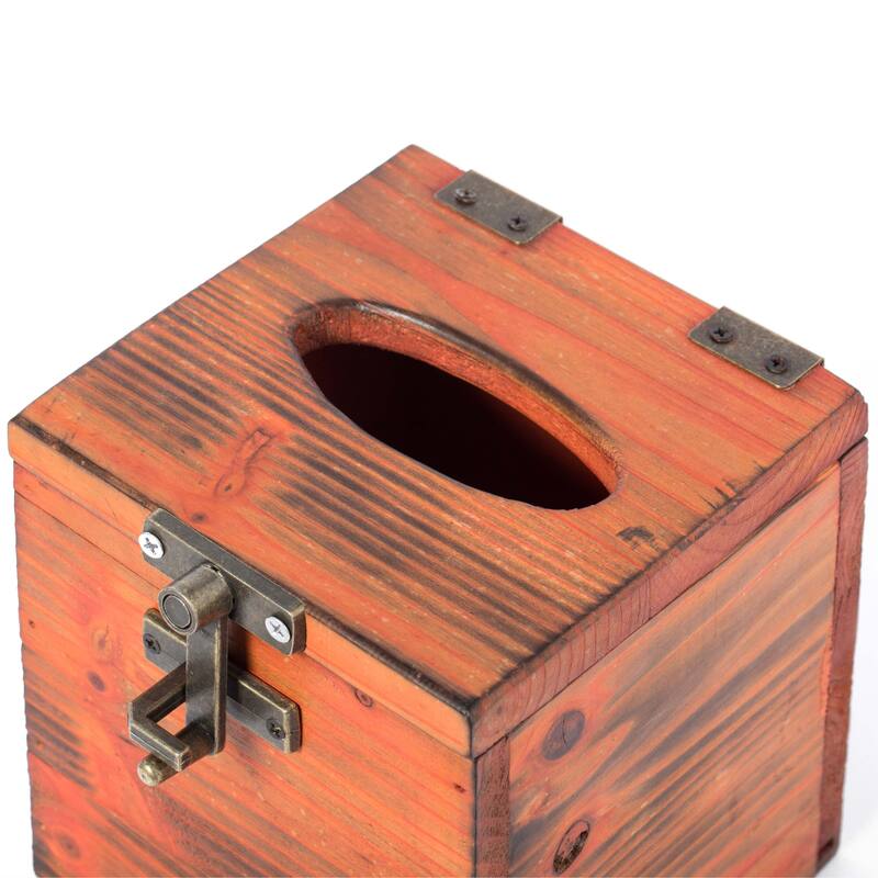 Square Wooden Rustic Lockable Tissue Box Cover Holder - Brown