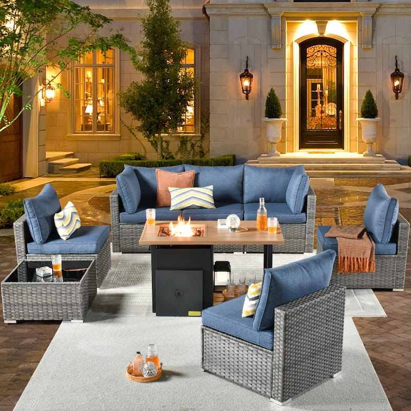 XIZZI 8-Piece Patio Wicker Furniture Conversation Set with Fire Table