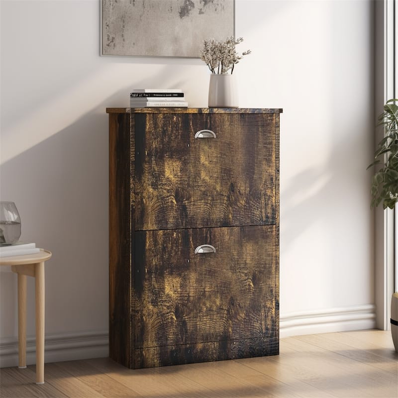 Hidden Narrow Wood Shoe Rack Cabinet with 2 Drawers for Entryway