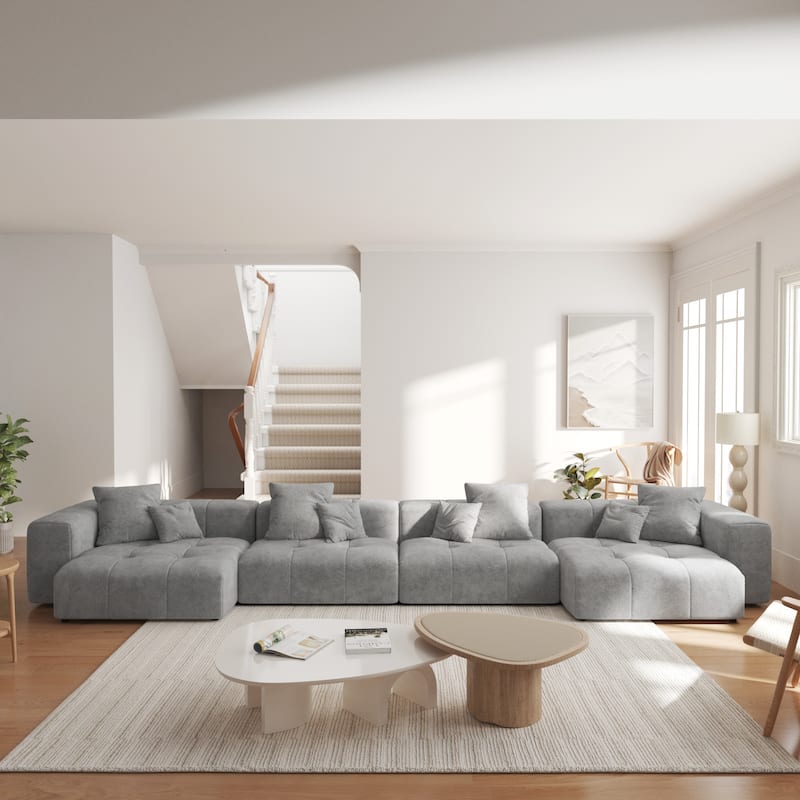 183.54" Linen Modular Sofa Modern Sectional Sofa 4-Seater Couch with Chaise for Living Room