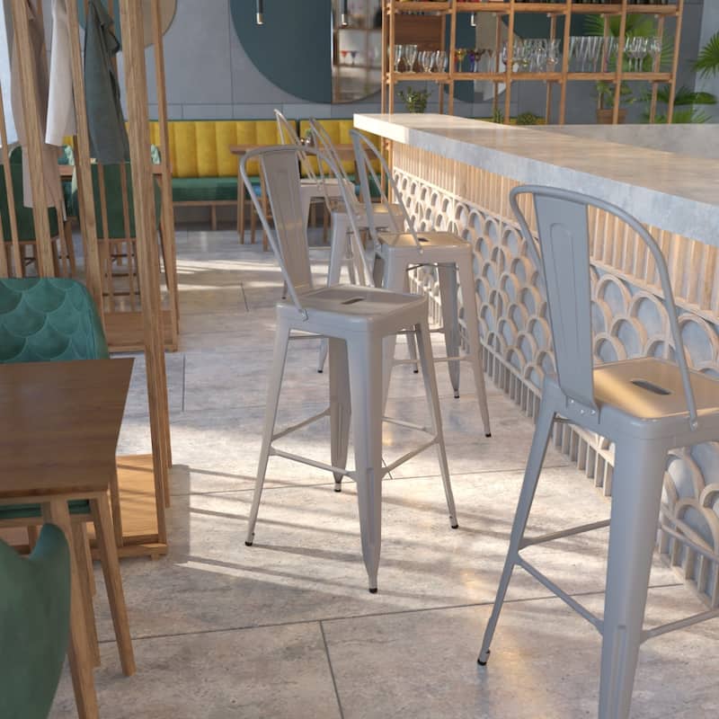 30'' High Metal Indoor-Outdoor Barstool with Back - Silver