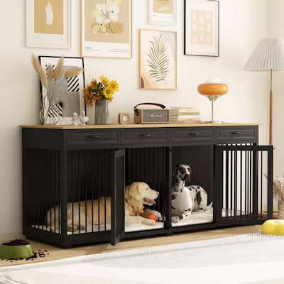 Wooden Dog Crate Kennel Furniture for 2 Dogs with Divider & Drawers