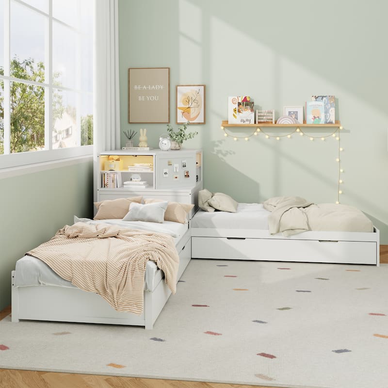 All-in-one Low Profile Platform Bed with Trundle and Drawer, Wooden Floor Bed Linked Corner Bed Built-in Desk and Led Downlight