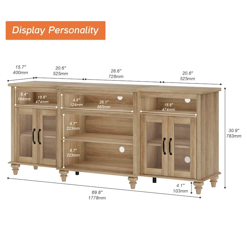 Buffet Cabinet with Glass Doors, Oak Kitchen Cabinet with Storages