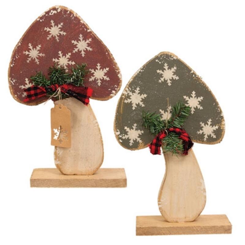 Rustic Wood Glitter Snowflake Mushroom with Bow on Base - 2 Asstd. - 8" x 2.75" x 15" - Red-Green