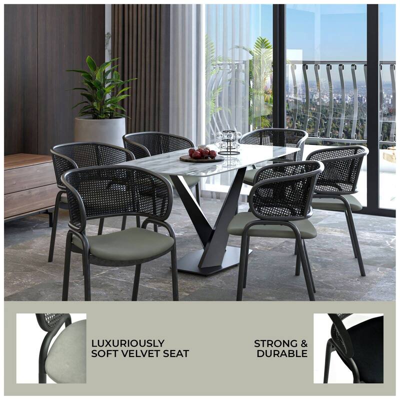 Ervilla Modern Upholstered Accent Side Chair with Wicker Back and Black Iron Legs for Dining Room & Kitchen, Set of 2