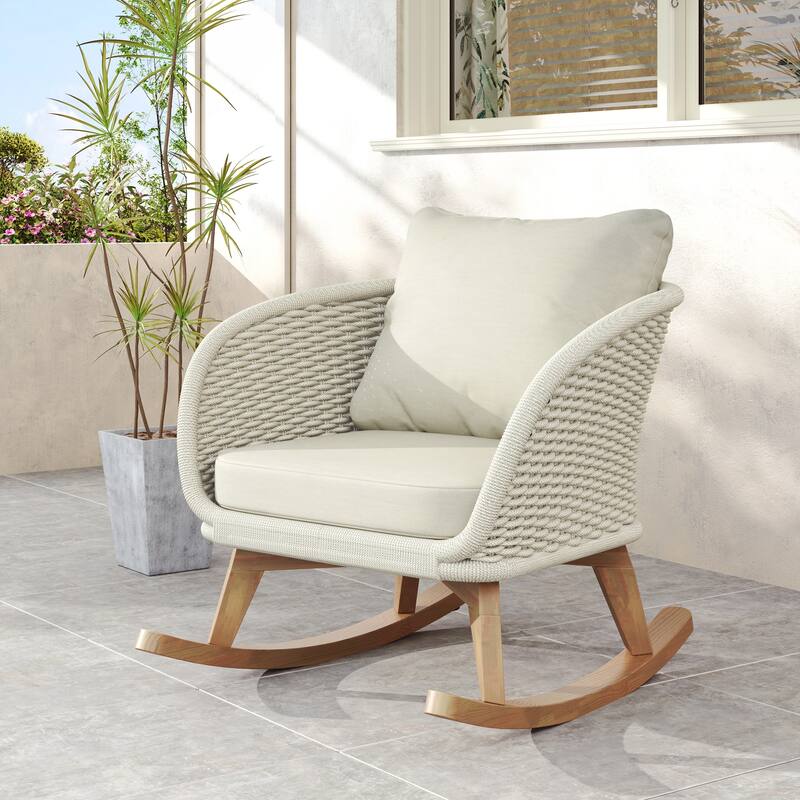 Contemporary Minimalist Beige Wicker Rocking Chair with Soft Polyester Cushions and Durable Wooden Frame