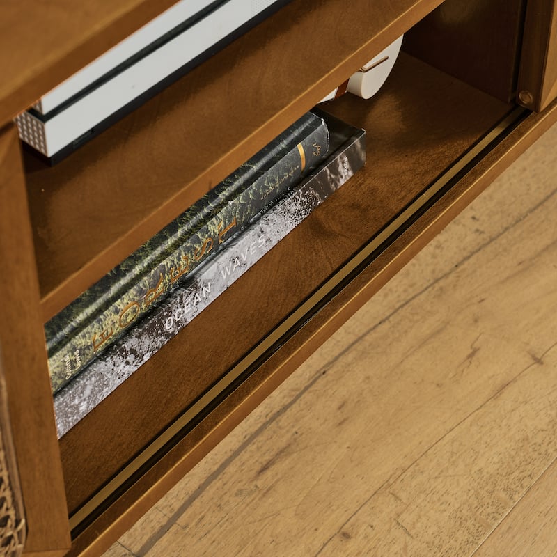 Roomfitters 67.9" Mid-Century Modern Rattan TV Stand Media Console with Storage Cabinet for 75" TVs